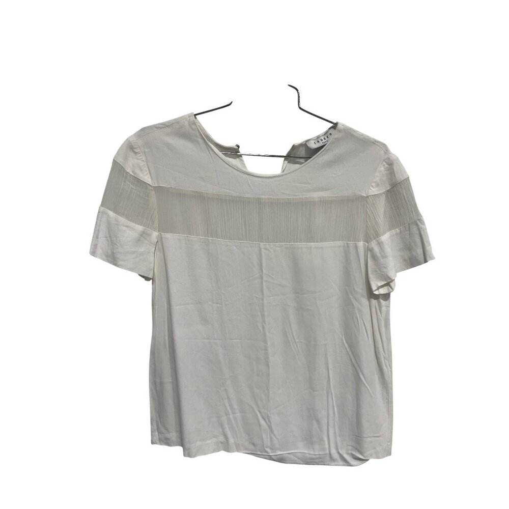 Sandro Paris Blouse Size Medium Silk Short Sleeve Sheer Striped Panel Minimal